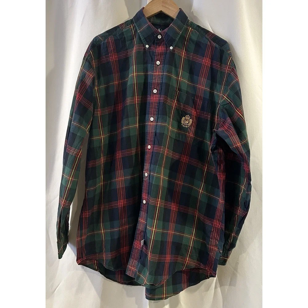 Polo Ralph Lauren‎ Plaid Shirt Mens L Vintage Green Langston Cotton Tartan Cabin